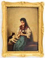 Olvashatatlan jelzéssel, 1900 körül: Lány macskával. Olaj, karton. Dekoratív fakeretben. 27x21 cm
