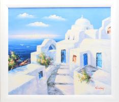 Nicolaoy jelzéssel: Göröüg tengerparti város. háttérben vitorlások. Olaj, karton, fakeretben, 52×61 cm