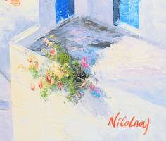 Nicolaoy jelzéssel: Göröüg tengerparti város. háttérben vitorlások. Olaj, karton, fakeretben, 52×61 ...