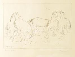 Borsos Miklós (1906-1990): Lovak vízparton. Rézkarc, papír, jelzett, számozott (15/100), üvegezett fakeretben, 19x29 cm