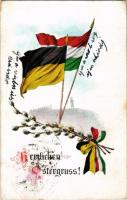 1915 Herzlichen Ostergruss / Boldog húsvéti ünnepeket! / WWI German and Austro-Hungarian K.u.K. military art postcard with Easter greeting, flag + "VERWUNDETENSPITAL in der k. k. Universität Wien ABTEILUNG III. Der Vorstand" "Verwundefenspital III. der K.K. Universität Wien"