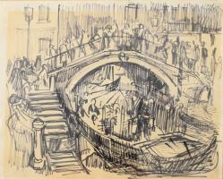 Würtz Ádám (1927-1994): Velencei forgatag, 1970-es évek. Filctoll, papír, jelzés nélkül, kartonra kasírozva, 19x23 cm