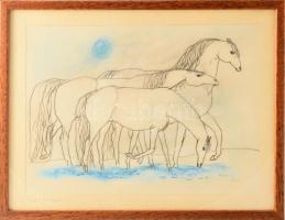 Reich Károly (1922-1988): Lovak, 1964. Ceruza, papír, jelzett, üvegezett fakeretben, 24×33 cm