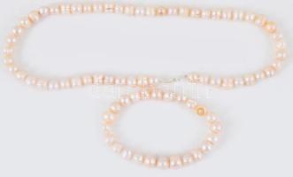 Rózsaszínes tenyésztett gyöngy nyaklánc és karkötő, h: 43 cm