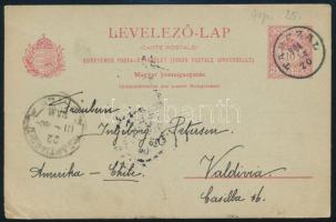 1904 Díjjegyes levelezőlap Chilébe "TARCZAL" - "SANTIAGO" - "VALDIVIA" átmenő és érkezési bélyegzésekkel