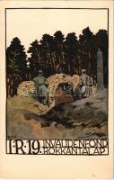 1917 Megfigyelő őrszemek. Rokkantalap. Cs. és Kir. 19. gy. Ezred /Beobachtungsposten. K.u.K. I.R. 19. Invalidenfond / WWI K.u.K. military art postcard s: Biczó + "K.u.k. Infanterie Regiment No: 19. kompagnie" (Rb)