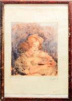 Csók István (1865-1961) - Prihoda István (1891-1956): Züzü. Színezett rézkarc, papír, jelzett (Csók I és Prihoda által). Apró foltokkal és hajtásnyommal. Üvegezett, kopott fakeretben. 26,5x23 cm