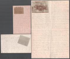 1916-17 A harctérről érkezett 3 db levél privát katonai fotókkal, lovészárok, ágyú, fedezék., egyiken Vicze (Vice) erdélyi falu megjelöléssel