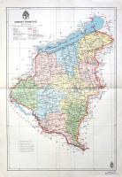 [Térkép] Somogy vármegye térképe. Mérték: 1:375,000. (1941). [Budapest], 1941. Magyar Királyi Honvéd Térképészeti Intézet. Színes térkép, mérete: 445x295 mm egy 500x350 mm méretű térképlapon. Domborzati és vízrajzi részleteket is feltüntető térképünk a M. kir. Honvéd Térképészeti Intézet 1937-1941 között készült közigazgatási térképsorozatának tagja. Észak-déli irányban elnyúló dél-dunántúli vármegyénket nem érintette az 1941. áprilisi hadműveletek egyike sem, míg Vas és Zala megyét a Mura vidéki és Muraközi, Baranyát pedig a délvidéki bevonulás bővítette, Somogy megye megmaradt hagyományos határvonalai között, a Balatontól a Dráva folyásáig terjedő, vizek járta dombvidéken, kaposvári megyeszékhellyel. A megye alakja később is csak csekély változásokon ment keresztül: az 1950-es megyerendezés során délkeleten elvesztette szigetvári járását, cserébe kiegészült Siófokkal, illetve elnyerte Balatonvilágos-Balatonakali területét. Térképünk feltünteti a megye vasútvonalait, első-, másod- és harmadrendű útjait és egyéb műútjait: megyei vasúthálózatunk érdemben azóta sem fejlődött. Megyénk települései közül kiemelkedik a megye egyetlen rendezett tanácsú városi ranggal bíró városa, Kaposvár; Balatonboglár és Balatonlelle, Marcali, Nagyatád, Barcs és Szigetvár térképünk tájékoztatása szerint csupán nagyközségnek számít. Dokumentumunkon nem mellesleg jól tanulmányozható Somogy megye földrajzi és társadalmi okokból kialakult, jellegzetesen aprófalvas településszerkezete. Döntően közigazgatási és közlekedésföldrajzi célokat szolgáló térképünk a megye dombvidéki alkatára való tekintettel domborzati, gazdag vízkészlete miatt vízrajzi részleteket is közzétesz. Egyes települések mellett magassági jelzés. Jelmagyarázat a bal felső sarokban, a címsor felett a megye címere lebeg, a kiadási év a bal alsó sarokban (1941). A jobb alsó sarokban kereskedői bélyegzés. Jó állapotú lap, halvány hajtásnyomokkal, hátoldalán apró foltossággal és kézi feliratozással.