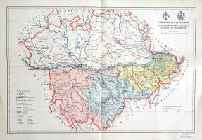 [Térkép] Komárom és Esztergom közigazgatásilag egyelőre egyesített vármegyék térképe. Mérték: 1:250,000. (1937). [Budapest], 1937. Magyar Királyi Állami Térképészeti Intézet. Színes térkép, mérete: 295x445 mm egy 350x500 mm méretű térképlapon. Domborzati, vízrajzi és közlekedésföldrajzi részleteket is feltüntető megyei térképünk a M. kir. Állami Térképészeti Intézet 1937-1941 között készült közigazgatási térképsorozatának tagja. Egyesített megyénk 1923-ban alakult Komárom és Esztergom megye Trianon után megmaradt részeiből. Jóllehet térképünk az eredendően a Duna mindkét oldalára kiterjedő két megye teljes történelmi területét ábrázolja, színkódolt járásbeosztás csak a magyar közigazgatás kezelésében maradt déli részen látható, az északi rész színezetlenül maradt. És bár az 1938. novemberi első bécsi döntéssel az északi járások: a csallóközi, udvardi, valamint a párkányi járás is hiánytalanul visszatért a megyékhez, 1937 folyamán készült térképünk ezt még nem ábrázolhatja. Emlékezetes részleteket megörökítő megyetérképünk települései közül kiemelkedik a két rendezett tanácsú város, Esztergom és Komárom; ugyanakkor a jelentős kulturális potenciállal bíró város, Tata és a gazdasági szempontból számottevő települések: Dorog, Tokod, Tatabánya, Bánhida és Kisbér térképünk tájékoztatása szerint csupán nagyközségnek számítanak. Térképünk a komoly ásványkincskészlettel bíró Vértesre és Gerecsére, valamint a Pilisre való tekintettel magassági adatokkal kiegészített domborzati részleteket is tartalmaz, a számottevő szénbányák és kőfejtői esetében piktogramos jelöléssel. Feltűnnek a megye egy- és kétvágányú vasútvonalai; állami (elsőrendű), törvényhatósági (másodrendű) és községi (harmadrendű) közútjai is. Turisztikai részleteket osztanak meg a fontosabb kápolnákat, emlékműveket, várromokat és barlangokat és hegycsúcsokat jelölő piktogramok. Egyes települések mellett magassági jelzés. Jelmagyarázat a bal alsó sarokban, a címsor felett a megyék címere lebeg, a kiadási év a bal alsó sarokban (1941). A jobb alsó sarokban kereskedői bélyegzés. Jó állapotú lap, halvány hajtásnyomokkal, hátoldalán kézi feliratozás.
