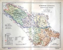 [Térkép] Komárom vármegye közigazgatási térképe (az első bécsi döntést követően) Tervezte: Tallián Ferenc. Mérték: 1:400,000. (1941 körül). [Budapest, 1941 körül]. Magyar Földrajzi Intézet Rt. Színes térkép, mérete: 220x295 mm egy 260x335 mm méretű térképlapon. Közigazgatási és közlekedésföldrajzi térképünk Komárom vármegye területének egy ritkán látható, mindössze hat évig, 1938-1944 között fennálló változatát mutatja be. Az eredendően a Duna két partján helyet foglaló Komárom megye a trianoni döntés nyomán elvesztette területe északi felét. A jelentős csonkításon áteső vármegye megmaradt területét az 1923-as megyerendezés során egyesítették a hasonló sorsú szomszédos vármegye megmaradt területével, így hozták létre az új megyét, "Komárom és Esztergom közigazgatásilag egyelőre egyesített vármegye" címmel, Esztergom székhellyel. Mint az köztudott, az 1938. novemberi I. bécsi döntés a Felvidék déli, döntően magyarok lakta sávját visszajuttatta az anyaországhoz. Komárom és Esztergom megye sorsa ekkor szétvált, és míg Esztergom vármegye eredeti területét vette vissza, Komárom megye saját egykori területein kívül a pozsonyi hídfő kivételével Csallóköz csaknem teljes területét is elnyerte, megnövekedve a teljes formájában visszavehetetlennek ítélt Pozsony vármegye két járásának, somorjai és dunaszerdahelyi járásának területével. Térképünk az így létrejött vármegye teljes területének járásbeosztását, vasút- és közúthálózatát, településhálózatát, domborzati és vízrajzi részleteit teszi közzé. Jelmagyarázat a bal alsó sarokban. Térképünk bal szélén apró, az oldaltükröt nem érintő sérülés. Jó állapotú lap, halvány hajtásnyommal.