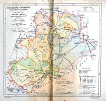 [Térkép] Csongrád vármegye közigazgatási térképe (a délvidéki bevonulást követően) Tervezte: Tallián Ferenc. Mérték: 1:400,000. (1941 körül). [Budapest, 1941 körül]. Magyar Földrajzi Intézet Rt. Színes térkép, mérete: 220x235 mm egy 270x285 mm méretű térképlapon. Közigazgatási és közlekedésföldrajzi térképünk Csongrád vármegye közigazgatási beosztásának egy rövid ideig, mindössze három évig, 1941-1944 között fennálló változatát mutatja be. A Tisza két partján helyet foglaló Csongrád megye, jóllehet az ország szívében feküdt, a trianoni döntés következtében területi veszteségeket szenvedett el, ám területi veszteségeit úgyszólván teljes egészében visszanyerte az 1941. áprilisi délvidéki bevonulást követően. Horgos környéke ekkor került mintegy három évre az ország, és ezzel együtt Csongrád megye birtokába. (A Jugoszlávia elleni hadművelet összesen öt megye területét növelte meg, Vas, Zala, Baranya, Bács-Bodrog és Csongrád megye területét, ezek közül a csongrádi területnövekmény volt a legszerényebb; a háború után valamennyi terület visszakerült a jugoszláv államhoz.) Térképünk az átmenetileg kiegészült vármegye teljes területének járásbeosztását, vasút- és közúthálózatát, településhálózatát, domborzati és vízrajzi részleteit teszi közzé. Jelmagyarázat a bal alsó sarokban. Enyhén foltos térképünkön felül apró szakadásnyomok, melyek az oldaltükröt nem érintik, hátoldalán régi kereskedői bélyegzéssel.  Jó állapotú lap, halvány hajtásnyommal.