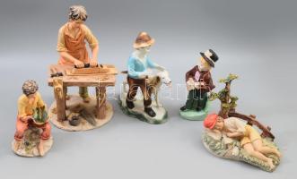 5 darab porcelán és műgyanta szobor figura, közte jelzéssel, kopással, m: 26 cm alatt