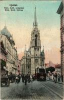 1915 Újvidék, Novi Sad; Római katolikus templom, villamos / Catholic church, tram + "K.u.k. Militär-Zensurkommission Újvidék" (gyűrődés / crease)