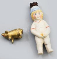 2 darab antik újévi porcelántárgy, közte sérült, h: 8 cm