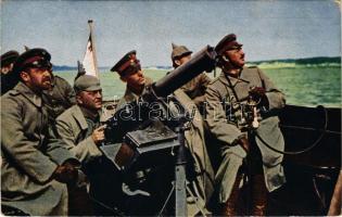 1915 Beschießung eines Fliegers aus einem Motorboot. Der europäische Krieg 1914/15. Wirklichkeitsbilder vom Kriegsschauplatz / első világháborús német és osztrák-magyar katonák, motorcsónakból tüzelés egy repülőgépre / WWI German and Austro-Hungarian K.u.K. military, firing at an aircraft from a motorboat. Feldpostkarte + "K.u.k. Korpskommando G.d.I.Fath + "K.u.k. Feldpostamt 231" (EK)