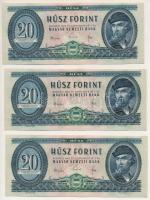1965. 20Ft (3x) sorszámkövetők "C 253 087628 - C 253 087630" T:UNC Hungary 1965. 20Ft (3x) consecutive serials "C 253 087628 - C 253 087630" C:UNC Adamo F14