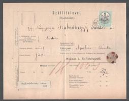 1875 Szállítólevél Székesfehérvár - Apatin, hátoldalán Céges rekámmal. Neuman L. arany-ezüst, ékszer...