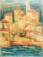 Kelle Sándor (1913-2003): Dalmát városka, 1965. Olaj, farost, jelzett. Hátoldalán autográf felirattal és Képcsarnok Vállalat címkéjével. Apró felületi sérülésekkel. 60×45 cm