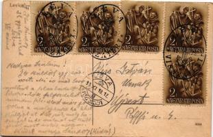 1938 Léva, Levice; utcakép / street view + "1938 LÉVA VISSZATÉRT" So. Stpl (gyűrődés / cre...