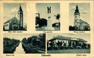1942 Tótkomlós, Római katolikus templom, Országzászló, Evangélikus templom, Érparti rész, Polgári iskola. Gyömrei kiadása + "TÓTKOMLÓS PU. SZEKRÉNYBŐL" (gyűrődés / crease)