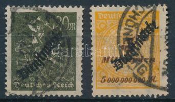 Deutsches Reich 1923 2 db Hivatalos bélyeg Mi 76, 85 mindkettő vizsgálójellel (Mi EUR 155.-)