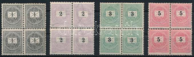 1889 1kr, 2kr, 3kr, 5kr négyestömbök (2 x 2kr, 1 x 5kr falcos / hinged)