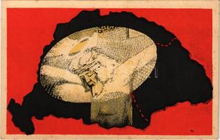 Megostoroztatott, kigúnyoltatott és keresztre feszíttetett. Kiadja Magyarország Területi Épségének Védelmi Ligája. Besskó Károly Grafikai Műintézete / "Hungary flogged, jeered and crucified" Hungarian irredenta propaganda s: Kardos Brunó