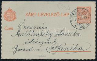 1916 10f díjjegyes zárt levelezőlap "ZSOLNA-KASSA" vasúti mozgóposta bélyegzéssel