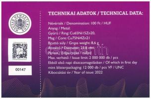 2022. 100Ft "Magyar Pénzmúzeum és Látogatóközpont" első napi veret sorszámozott emléklapon...