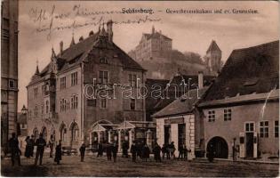1909 Segesvár, Schässburg, Sighisoara; Gewerbevereinshaus und ev. Gymnasium / Iparos egylet háza, Evangélikus gimnázium, Karl Habermann üzlete. H. Zeidner kiadása / House of Craftsmen Association, Lutheran grammar school, shops (fa)