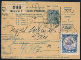 1923 Csomagszállító 200K Koronás Madonnával és 2 db Hivatalos bélyeggel