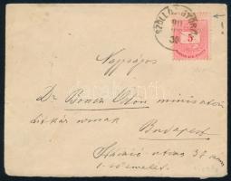 1890 Színesszámú 5kr látványosan képbe fogazva levélen "SZÖLLŐS GYÖRÖK" / 5kr with shifted perforation on cover