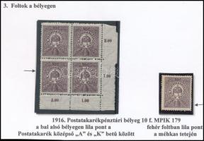 1916 Postatakarék négyestömb és szóló bélyeg festékpontokkal