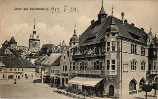 1913 Segesvár, Schässburg, Sighisoara; Iparos palota, Friedrich Schuster-féle gyógyszertár, Fazekas, Girscht üzlete. Fritz Teutsch kiadása / palace, pharmacy, shops (EK)