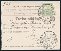 1911 Távbeszélőjegy Turul 60f bérmentesítéssel "NÁMESZTÓ"