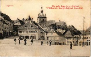 Segesvár, Schässburg, Sighisoara; Girscht és Leonhardt üzlete, óratorony. Földes-féle Margit Creme reklám / shops, clock tower. Hungarian cold cream advertisement (fl)