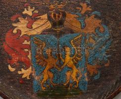 Festett családi címeres fatál, 1935. A hátoldali felirat tanúsága szerint Saághy Sági Miklóstól szár...