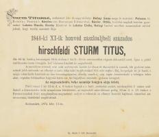 1848-as honvéd halotti értesítője hirschfeldi Sturm Titus (1808-1874) a piski csatában részt vett XI...