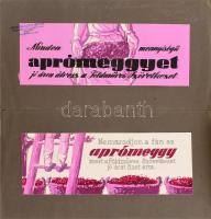 1956 Cziglényi László: Két befőtt címke terv. két verzióban. Vegyes technika, papír, egyenként 28x11 cm Kartonon. Hátoldalán hivatalos engedélyezési okirattal.