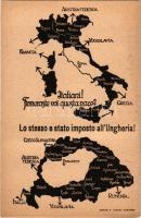 Italiani! Firmeraste mai questa pace? Lo stesso e stato imposto all'Ungheria! / "Olaszok! Aláírnátok valaha ezt a békét? Ugyanezt erőltették rá Magyarországra is!" A megcsonkított Olaszország és Magyarország. Kiadja Grund V. utódai. Magyar Nemzeti Szövetség / Trianon peace treaty, map of a lesser Italy, Hungarian irredenta propaganda(fa)