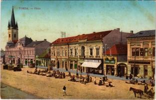 Torda, Turda; Fő tér, piac, Sipos Gábor, Kovrig János, Botár Imre és Amirás Géza üzlete. W.L. Bp. 7010. 1911-14. / main square, shops, market (fl)