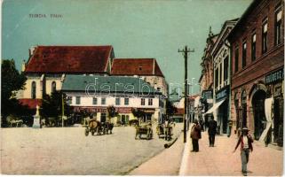 Torda, Turda; Fő tér, gyógyszertár, Hrubecz, Tömlő István üzlete, Kerületi Munkásbiztosító. W.L. Bp. 7020. 1911-14. / main square, pharmacy, shops, workers' insurance company (EK)