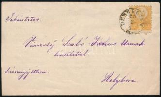 1874 Réznyomat 2kr látványosan képbe fogazva helyi levélen "DEBRECZEN / ..." / Mi 8 with shifted perforation on local cover