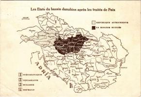 1938 Les Etats du bassin danubien avant la guerre mondiale / Magyarország feldarabolása nemcsak kegyetlen és igazságtalan, hanem szánalmasan oktalan cselekedet volt, amely Közép-Európának létalapját gyökerében tette tönkre. Kiadja a Magyar Nemzeti Szövetség / Hungarian irredenta propaganda, Trianon (EB)