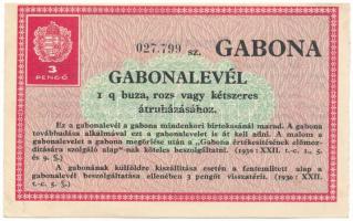 1930. 3P értékű gabonajegy "Gabonalevél" szelvénye vízjeles papíron T:VF