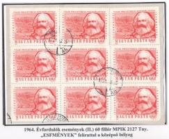 1964 Évfordulók-események Marx 9-es tömb, a középső bélyeg az ismert lemezhibával / Mi 2068 block of 9, the stamp in the middle with plate variety