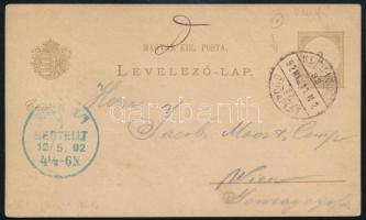 1892 2kr díjjegyes levelezőlap "M.SZIGET-MISKOLCZ" / BUDAPEST" mozgóposta bélyegzéssel Bécsbe / PS-card sent with travelling post to Vienna