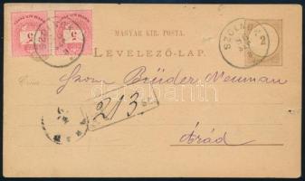 1886 2 x 5kr díjjegyes levelezőlapon ajánlott küldeményként feladva Aradra "SZOLNOK"