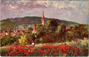 Nagyhöflány, Grosshöflein, Großhöflein; látkép. Kőszeghi Fangh Dezső vízfestmény után. Röttig Gusztáv és Fia nyomása és kiadása / general view s: kőszeghi Fangh Dezső